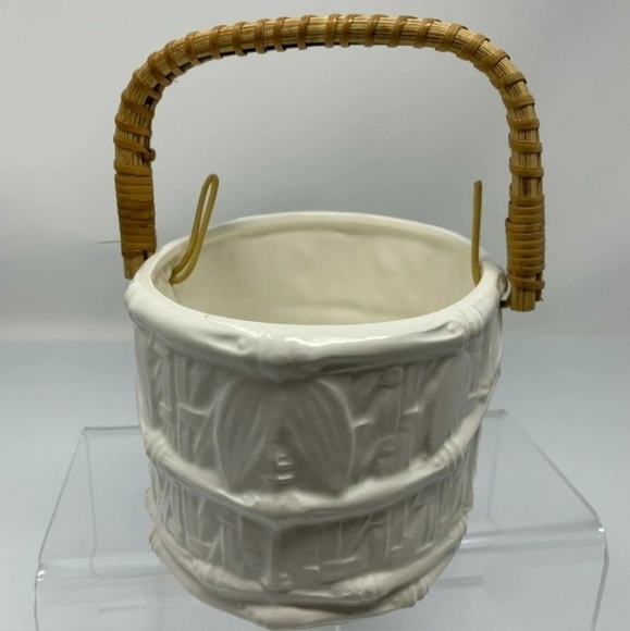 Planter Ceramic Basket Bamboo Design Wicker Handle Vintage Japan White Catchall - Picture 5 of 9